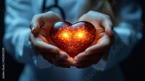 Female doctors' hands gently holding a glowing heart symbolizing care, compassion, and healing with a warm, radiant light emanating from the heart
