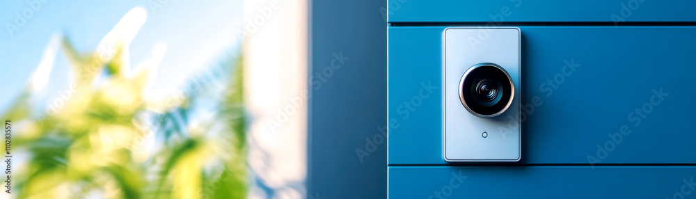 A modern security camera mounted on a vibrant blue wall, surrounded by greenery, showcasing a sleek design and advanced technology. A modern security camera mounted on a vibrant blue wall, surrounded by greenery, showcasing a sleek design and advanced technology.