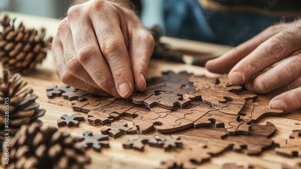 Hands assembling a handmade wooden puzzle, precision and care visible Hands assembling a handmade wooden puzzle, precision and care visible