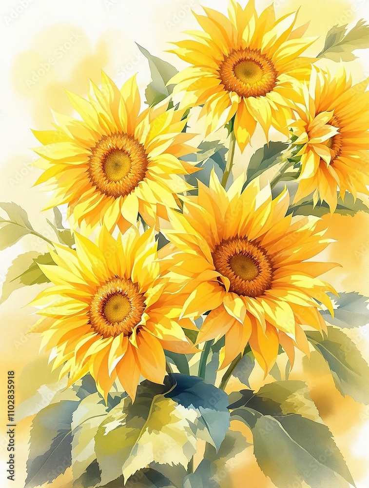 Obraz premium Cheerful sunflowers with golden petals in watercolor style pattern, watercolor, flower, yellow, garden