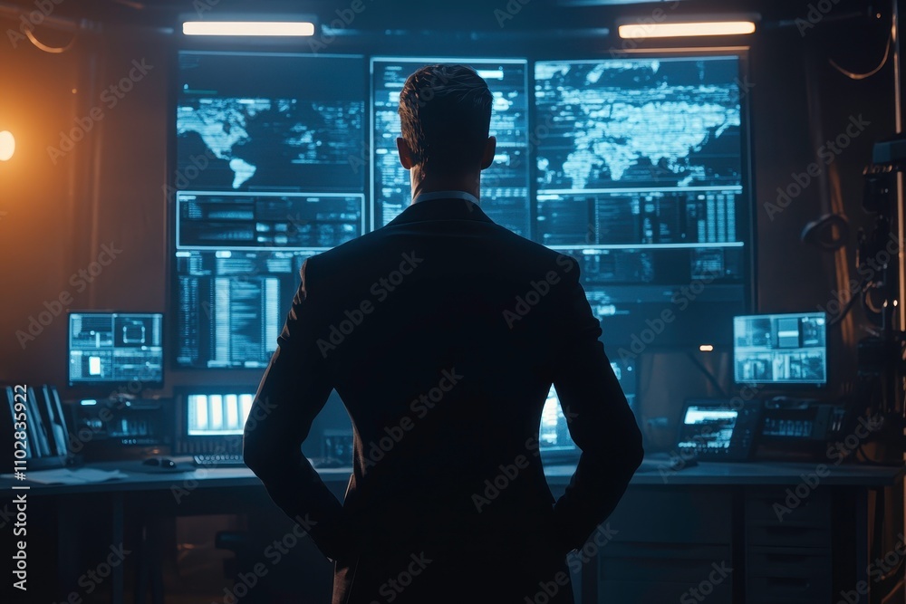Executive Analyzing Data in High-Tech Control Room with Multiple Monitors and Global Maps Displaying Complex Information and Trends Executive Analyzing Data in High-Tech Control Room with Multiple Monitors and Global Maps Displaying Complex Information and Trends