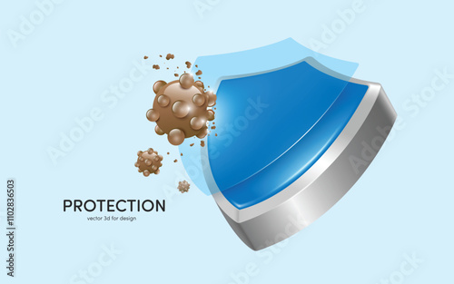 glass shield and silver shield protects and protects against viruses or germs and dirt, 3d vector on blue background for advertising design for disinfectant or prophylactic medicinal products.