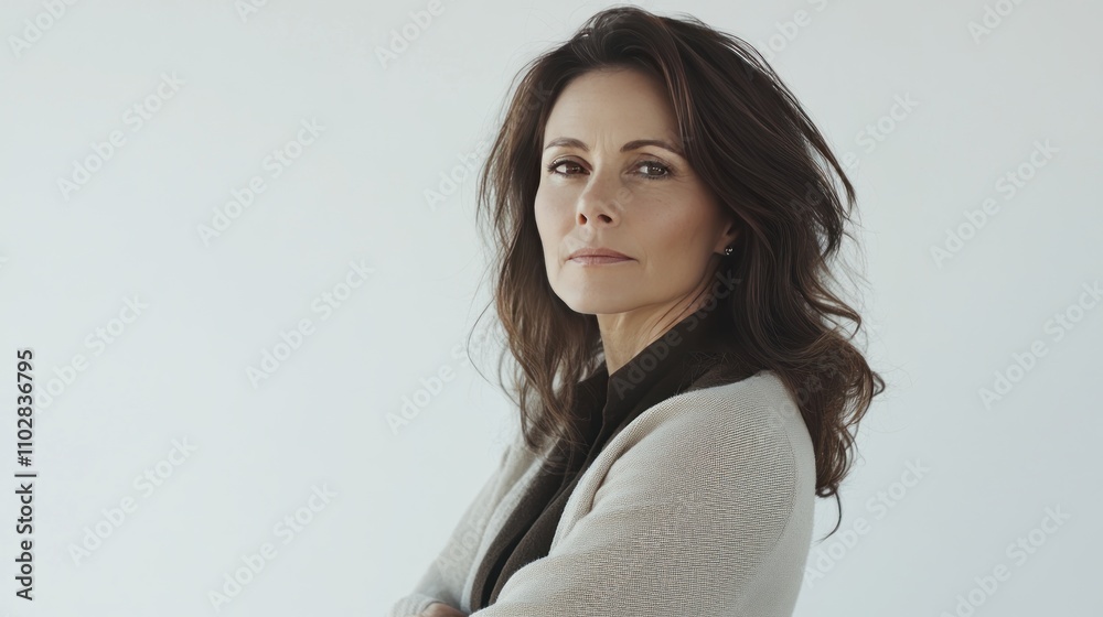 40 year old brunette woman standing on white background, hyper-realistic style, advertising style 40 year old brunette woman standing on white background, hyper-realistic style, advertising style