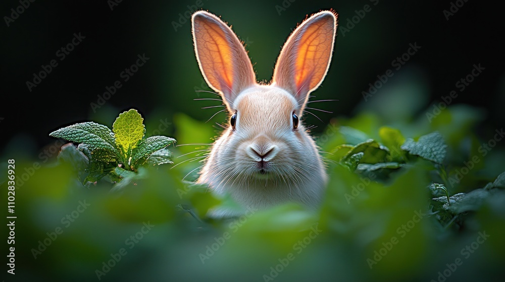 Adorable white rabbit peeking from lush green foliage in sunlit garden. Adorable white rabbit peeking from lush green foliage in sunlit garden.