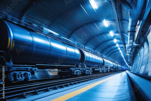 High-Speed Train in Motion Through Modern Underground Tunnel with Dramatic Lighting and Blurred Effect Capturing the Energy of Urban Transportation Dynamics