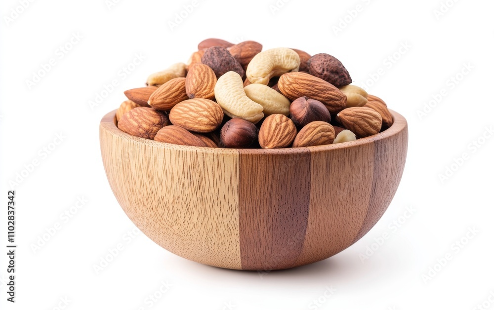 unsalted mixed nuts in the wooden bowl, isolated on white background unsalted mixed nuts in the wooden bowl, isolated on white background