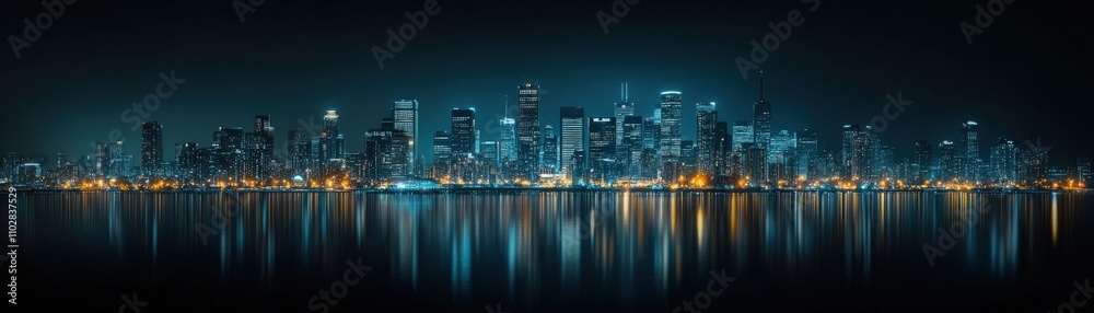 Nighttime Skyline View of a Modern City with Illuminated Buildings and Reflections on Calm Water, Capturing Urban Vibes and Architectural Beauty Nighttime Skyline View of a Modern City with Illuminated Buildings and Reflections on Calm Water, Capturing Urban Vibes and Architectural Beauty