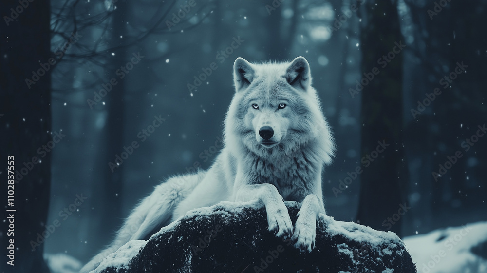 Obraz premium Arctic Majesty: A majestic Arctic wolf rests on a snow-covered rock, amidst a serene winter forest. The falling snow adds to the enchanting atmosphere. 