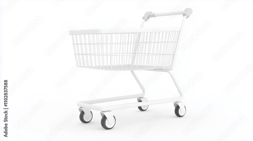 Empty Shopping Cart: A pristine white shopping cart stands ready for filling, symbolizing potential purchases and consumerism. Empty Shopping Cart: A pristine white shopping cart stands ready for filling, symbolizing potential purchases and consumerism.