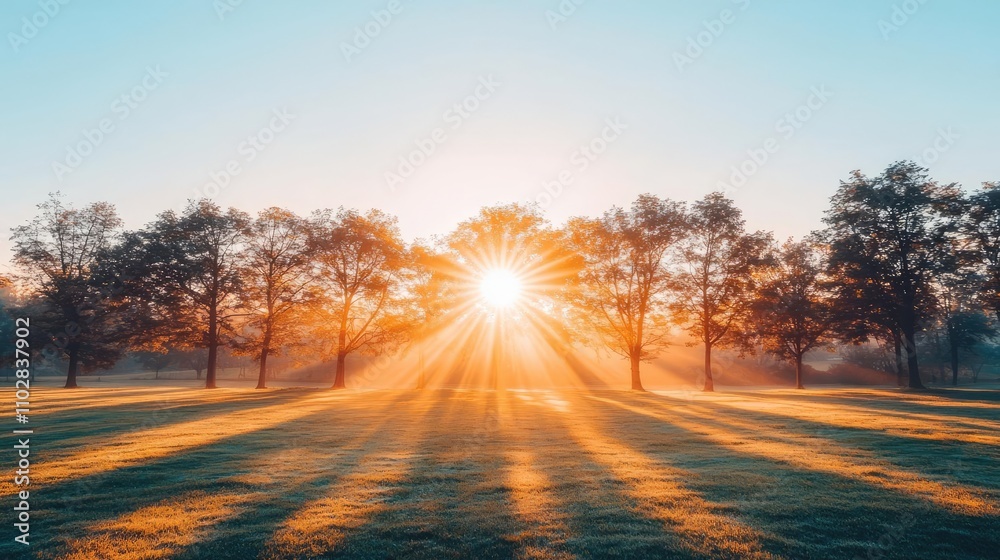 Fototapeta premium Sunlight filtering through trees during sunrise in a serene landscape.
