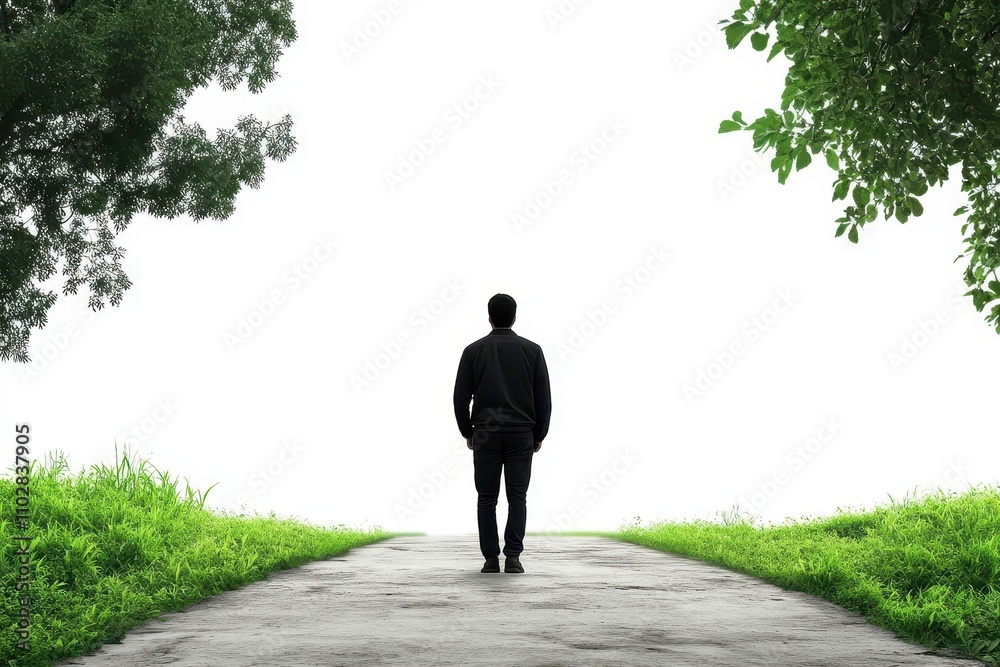 Man Standing Alone on a Path Surrounded by Lush Greenery, Symbolizing Choices, Growth, and Reflection in an Outdoor Natural Setting