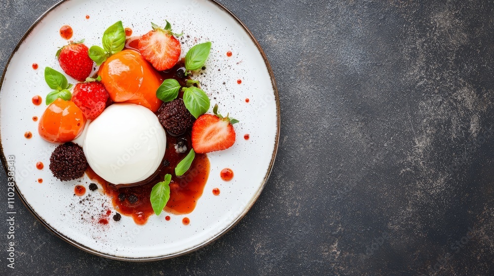 Beverage and retail food concepts, Delicious dessert plate featuring fruit, ice cream, and vibrant sauce on a textured background. Beverage and retail food concepts, Delicious dessert plate featuring fruit, ice cream, and vibrant sauce on a textured background.