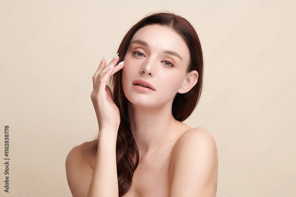 Beautiful young woman with clean fresh skin on beige background, Face care, Facial treatment, Cosmetology, beauty and spa, women portrait. Beautiful young woman with clean fresh skin on beige background, Face care, Facial treatment, Cosmetology, beauty and spa, women portrait.
