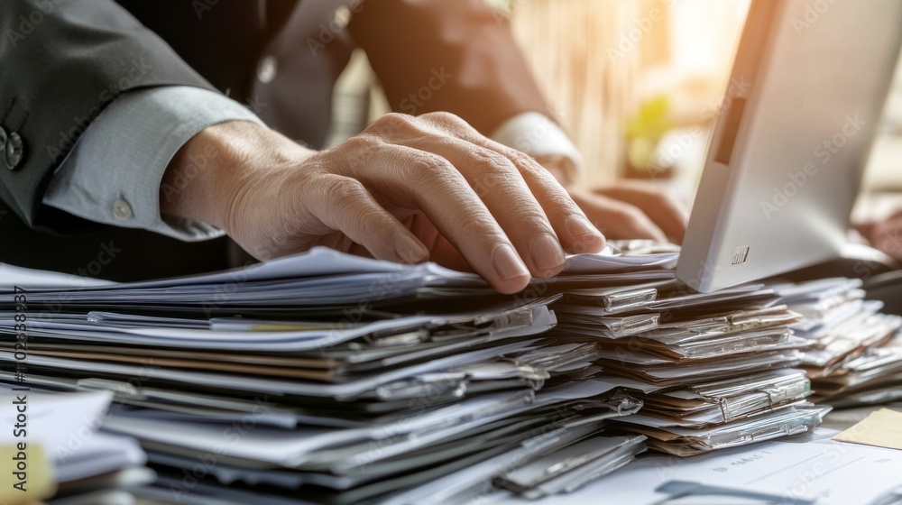 A man is typing on a laptop while surrounded by piles of papers A man is typing on a laptop while surrounded by piles of papers