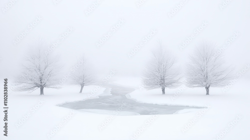 Serene Winter Landscape Frozen River Snow Trees Fog Serene Winter Landscape Frozen River Snow Trees Fog