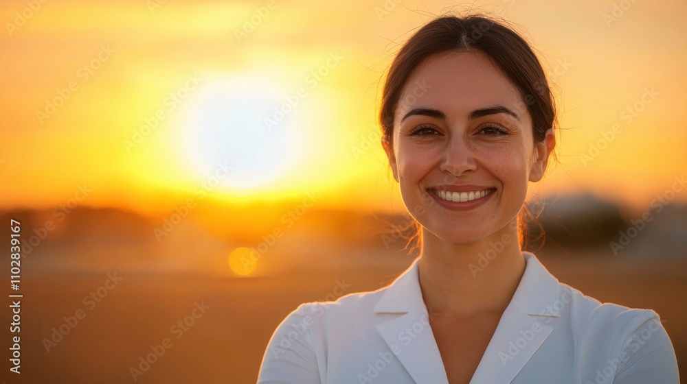 A smiling woman in a white outfit stands against a sunset backdrop, radiating warmth and positivity in a serene outdoor setting. A smiling woman in a white outfit stands against a sunset backdrop, radiating warmth and positivity in a serene outdoor setting.