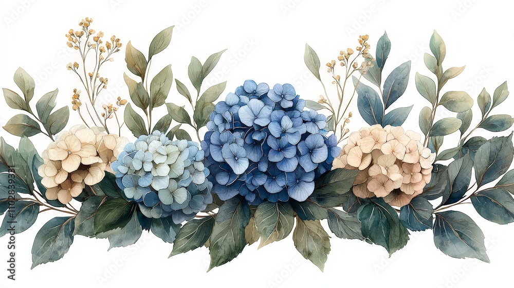 A watercolor illustration of hydrangeas and foliage, ideal for floral designs and decor. A watercolor illustration of hydrangeas and foliage, ideal for floral designs and decor.
