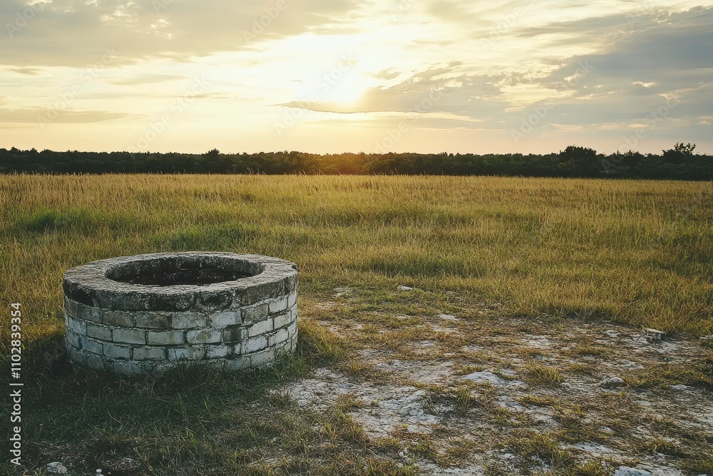Rustic Stone Well Surrounded by Golden Fields Under Soft Sunset Glow, Capturing the Serenity and Beauty of Nature in a Rural Landscape Rustic Stone Well Surrounded by Golden Fields Under Soft Sunset Glow, Capturing the Serenity and Beauty of Nature in a Rural Landscape