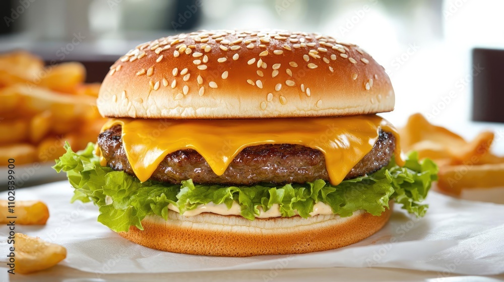 Juicy cheeseburger with lettuce and sesame seed bun, served with fries. Juicy cheeseburger with lettuce and sesame seed bun, served with fries.