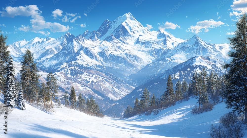 Snow-Covered Evergreen Trees with Mountain Background Snow-Covered Evergreen Trees with Mountain Background