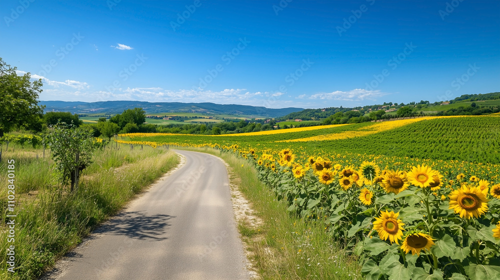 Naklejka premium A road with a field of yellow flowers on the side
