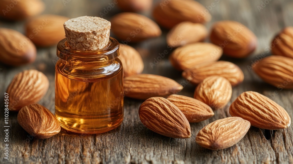 Almond oil in small glass bottle with almonds scattered on a rustic wooden surface. Almond oil in small glass bottle with almonds scattered on a rustic wooden surface.
