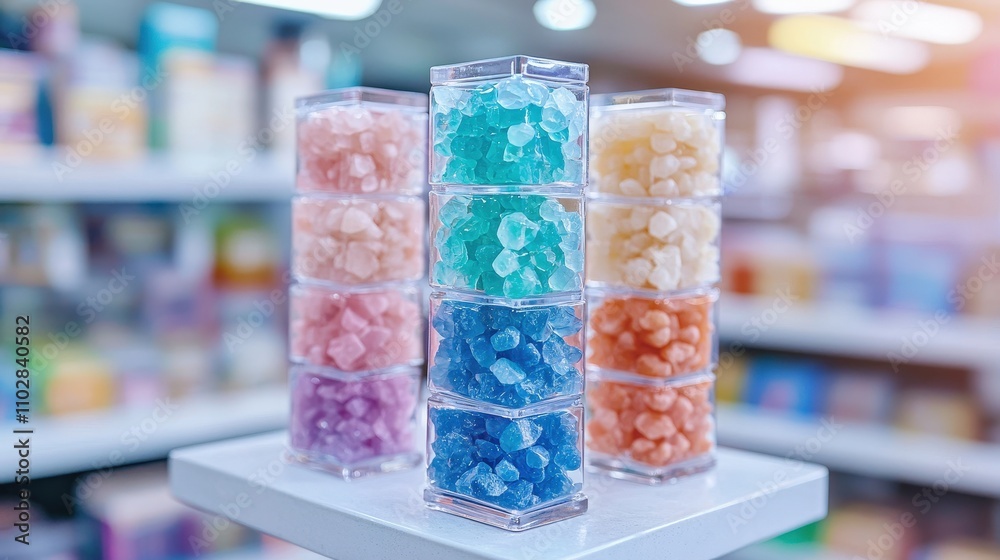 Colorful Crystal Sugar Cubes in Glass Jars Sweet Candy Shop Display Colorful Crystal Sugar Cubes in Glass Jars Sweet Candy Shop Display