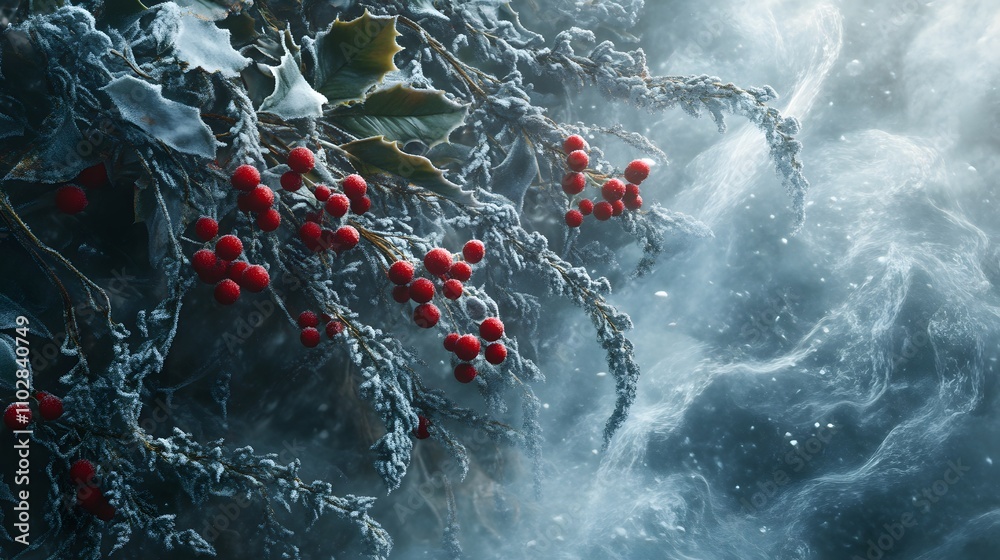 Frozen winter berries, frost-covered holly branches with red berries, foggy background. Frozen winter berries, frost-covered holly branches with red berries, foggy background.