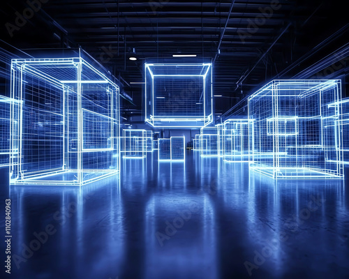 Custom warehouse layouts optimize storage efficiency. Futuristic digital space with glowing wireframe cubes and reflections