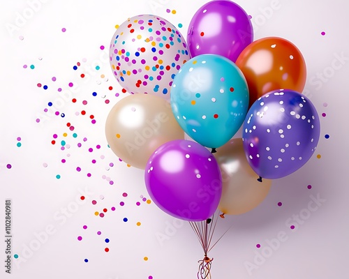 A colorful birthday balloon bouquet with confetti scattered around on a clean backdrop