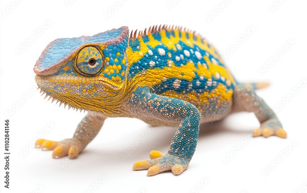 Obraz premium Yellow blue lizard Panther chameleon isolated on white background