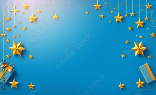 Blue background with golden stars and gift boxes on the sides creating an elegant composition for christmas or birthday greeting cards birthday backdrop Ultra realistic Photorealistic  photo