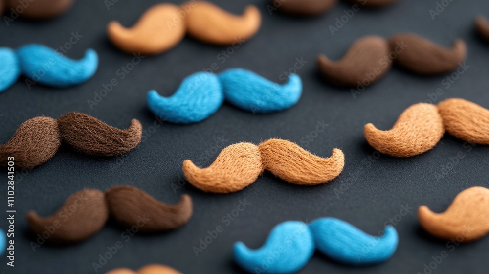 Fototapeta premium Colorful Mustaches Pattern Brown Blue Orange Fabric Texture Background