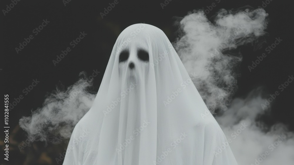 Eerie Ghost Figure in Foggy Dark Setting Spooky Halloween Costume Supernatural Mystery Eerie Ghost Figure in Foggy Dark Setting Spooky Halloween Costume Supernatural Mystery