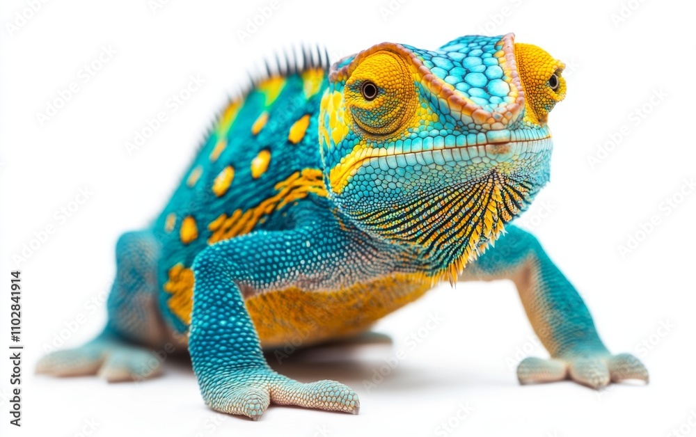 Obraz premium Yellow blue lizard Panther chameleon isolated on white background