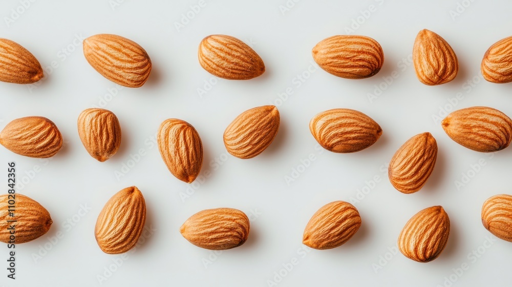 Almonds arranged in a symmetrical pattern on a white background. Almonds arranged in a symmetrical pattern on a white background.