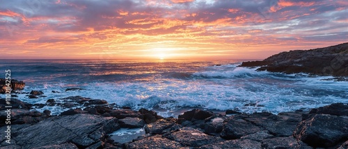 Dark blue ocean waves on a rocky coastline at sunset, rocks, sea and sand, water, sea