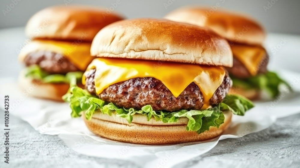 Delicious cheeseburgers with fresh lettuce on a white background.