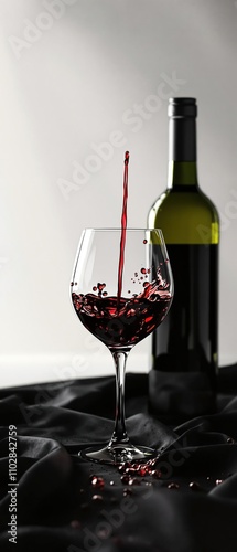 Dark liquid flows down the side of a glass on a black tablecloth with a wine bottle in the background, glassware, wine flow, evening ambiance, smooth liquid, photo