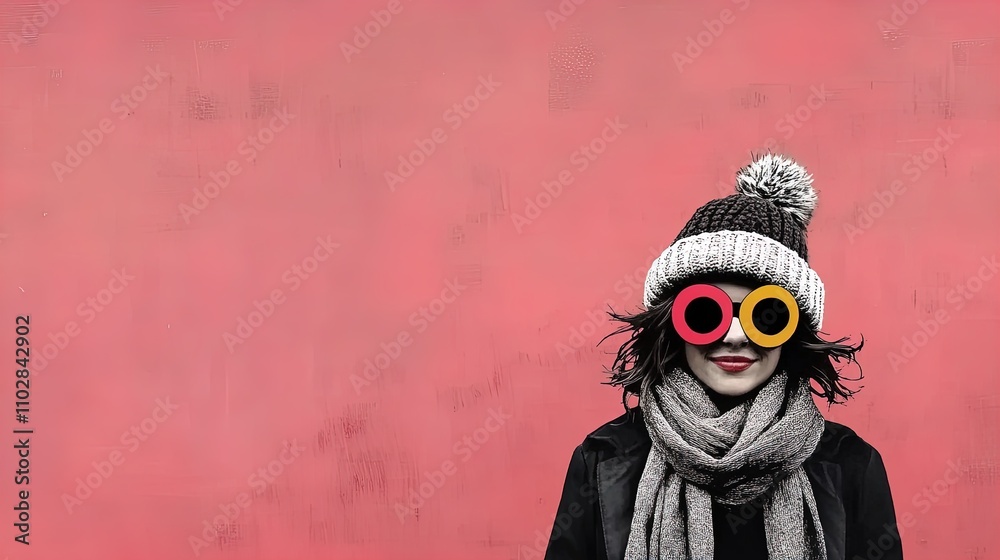 Playful Winter Vibes: Bold Young Woman in Colorful Knitwear with Oversized Sunglasses - Perfect for a Vibrant Sports Interior Poster! Playful Winter Vibes: Bold Young Woman in Colorful Knitwear with Oversized Sunglasses - Perfect for a Vibrant Sports Interior Poster!