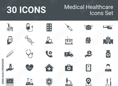 Medical Healthcare Icons Bundle, Set. Vector Illustration.
Hospital, Doctor, Ambulance, Emergency, medical equipment. Icon Set