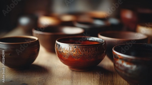 A collection of handcrafted bowls displayed on a wooden surface, showcasing artisan craftsmanship.