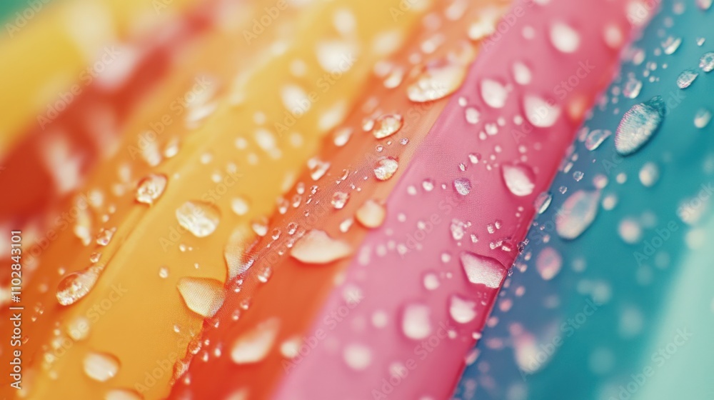 Macro shot of water droplets on a colorful beach umbrella, bright and vibrant summer scene Macro shot of water droplets on a colorful beach umbrella, bright and vibrant summer scene
