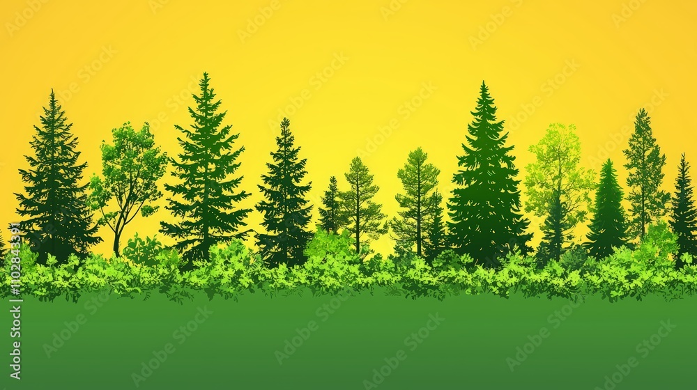 Evergreen Forest in Negative Space with Flat Dual-Tone Background Evergreen Forest in Negative Space with Flat Dual-Tone Background