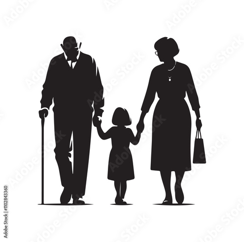 grandparents walking with granddaughter vector silhouette Illustration 