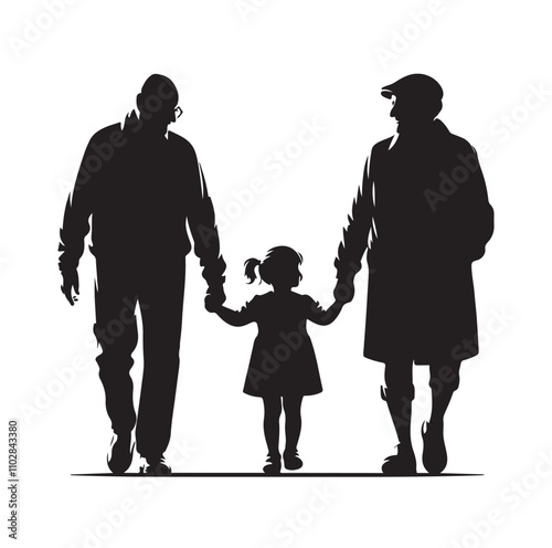 grandparents walking with granddaughter vector silhouette Illustration 