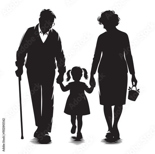 grandparents walking with granddaughter vector silhouette Illustration 