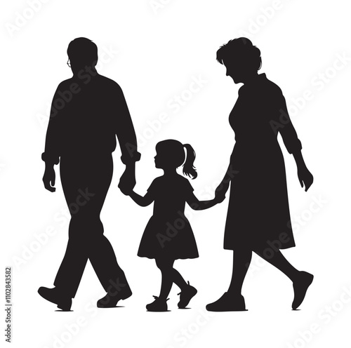 grandparents walking with granddaughter vector silhouette Illustration 