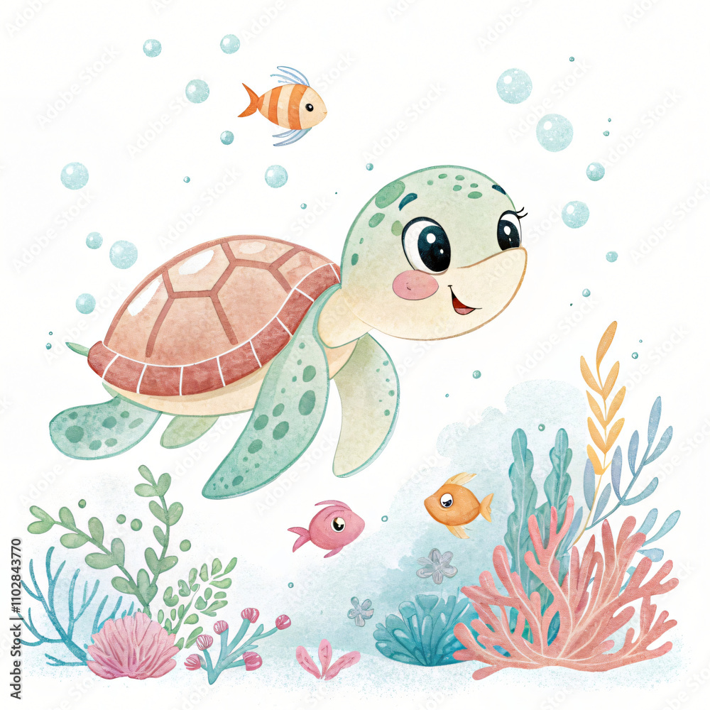 Fototapeta premium Cute animal under the sea, a cute underwater illustration.