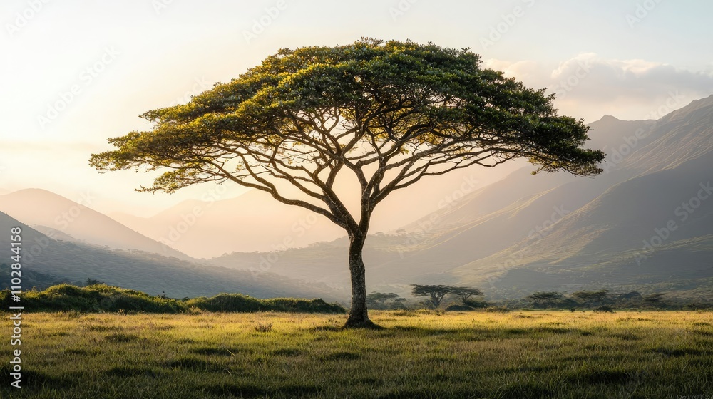 Obraz premium Lone tree on a hillside under soft light during golden hour, surrounded by mountains.